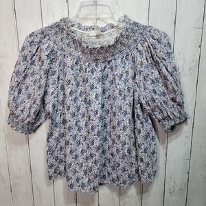Loft Women's Blue Floral Peasant Shirt Cotton Blend Size Large.